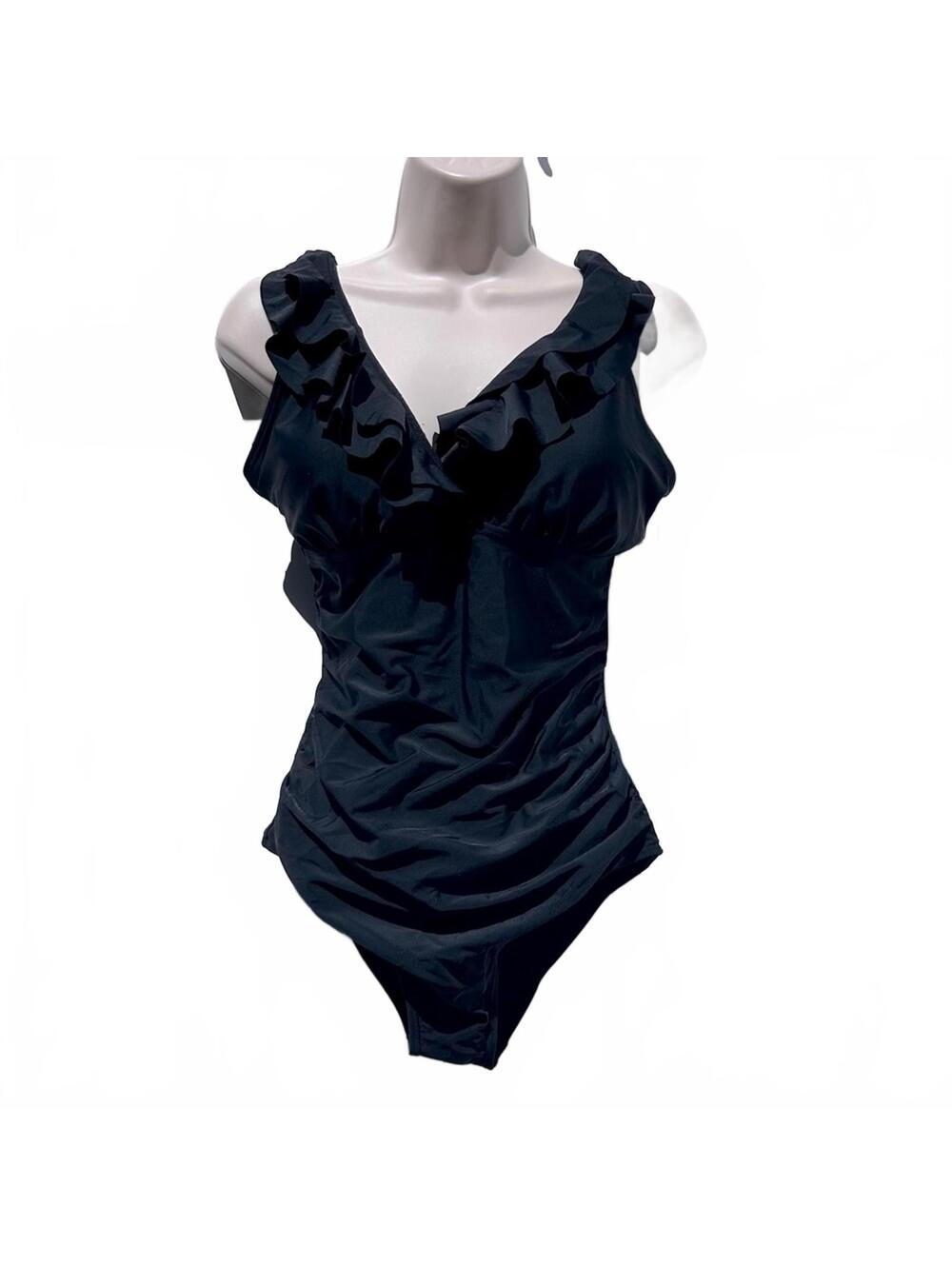 Black Ruffle HoliPick V-Neck One Piece Swimsuit | Size Medium | New with Tags